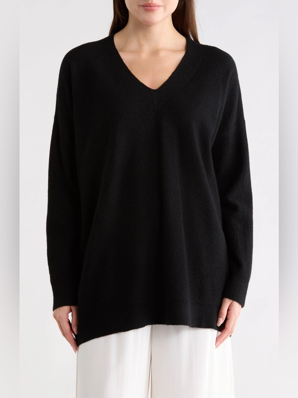 NWT Eileen Fisher Black Felted Wool V Neck Sweater Women’s Large